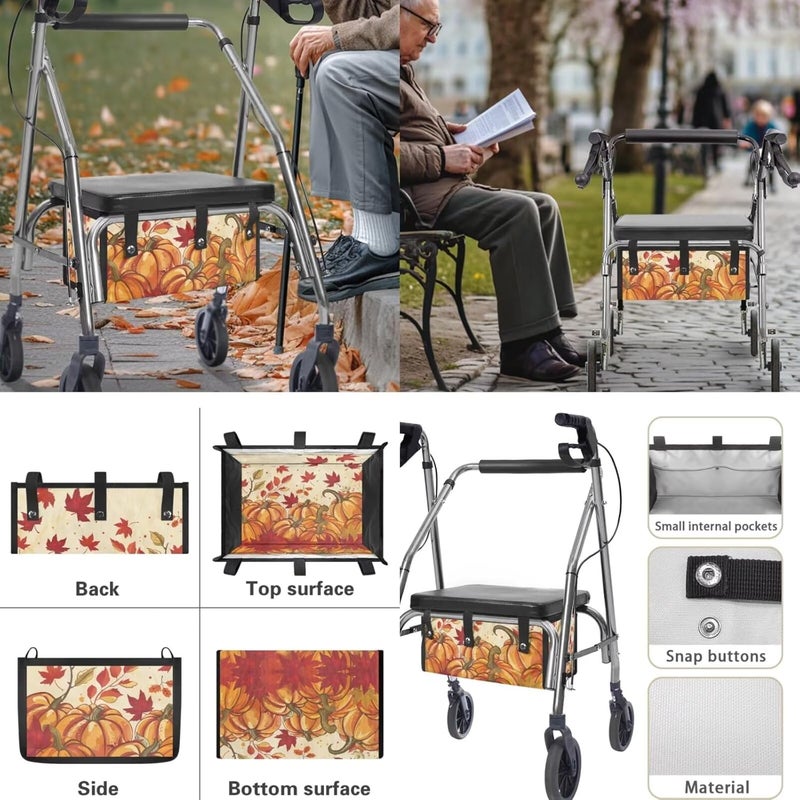 LedBack Thanksgiving Walker Accessories 3 Piece Set Rollator Walker Seat and Backrest Covers, Maple Leaf Pumpkins Storage Bags Rollator Seat Cushion Covers for Seniors - Image 5